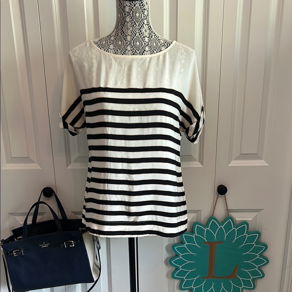 WHBM SILK Cream, Black and Tan striped blouse.